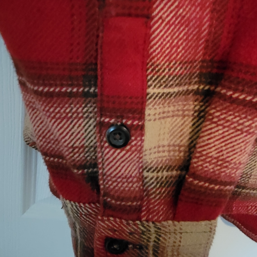 Orvis Flannel Twill Heavy Red Brown Plaid Shirt Jacket w/Pockets Sz L - Picture 3 of 5